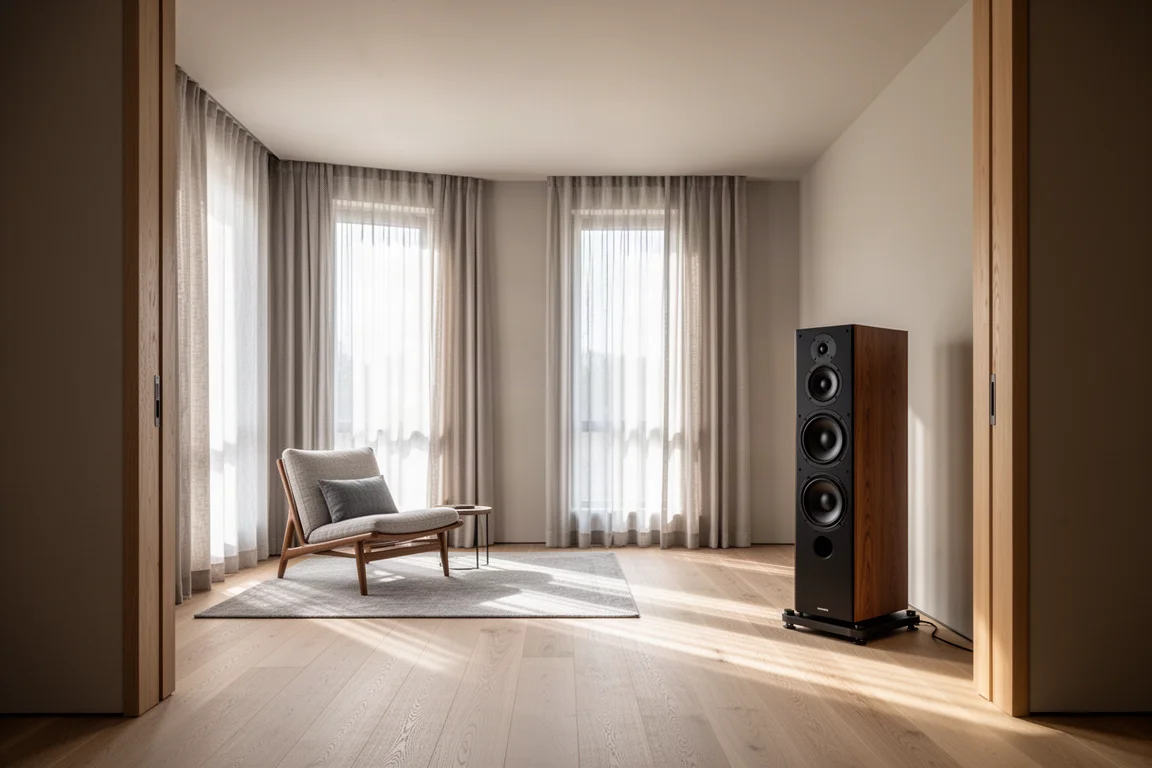 Sala d'ascolto moderna vista dalla porta con un grande diffusore da pavimento