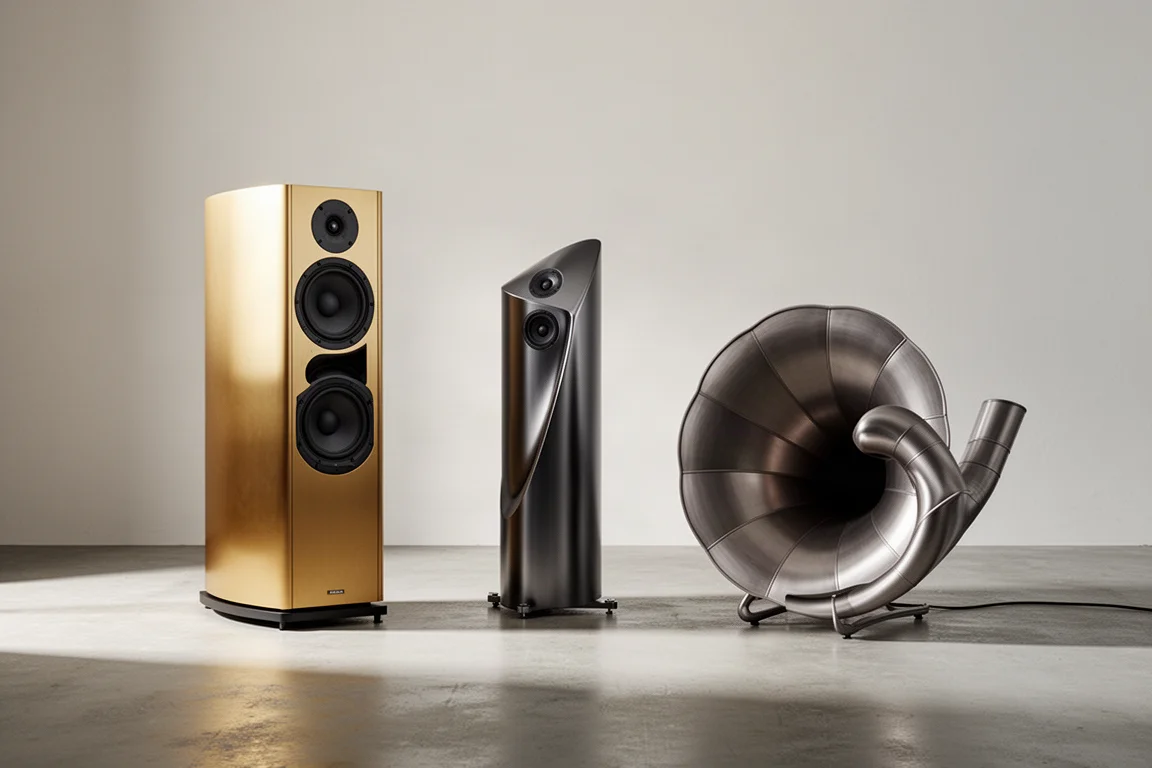 Three high-end loudspeaker forms arranged on a matte concrete floor