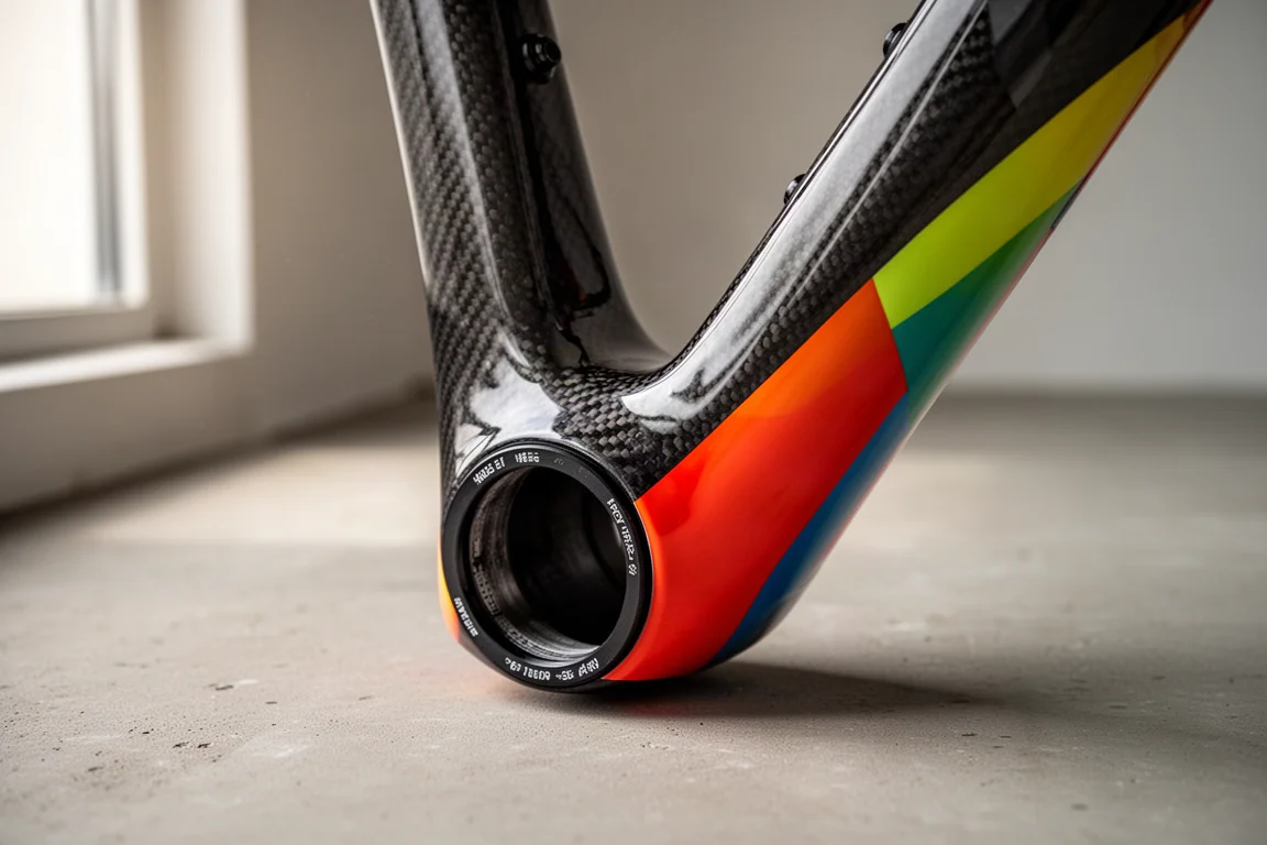 Close-up of a carbon road bike frame junction with glossy paint edges