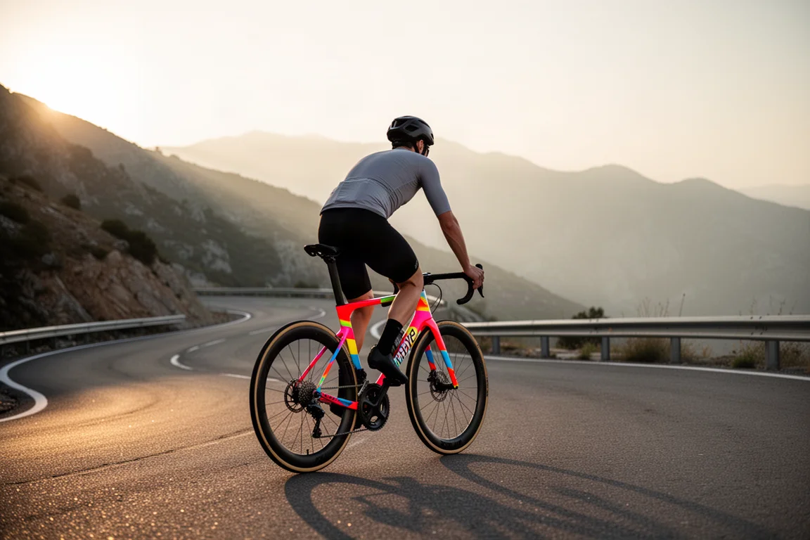 Cyclist climbing a mountain switchback road at sunrise