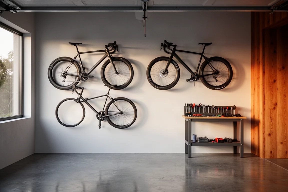 Road bikes hanging on a wall in a collector's garage