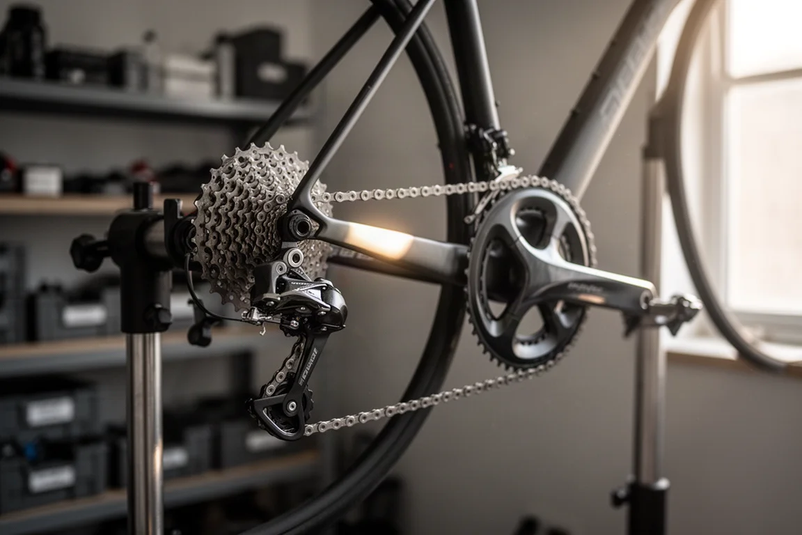 Road bike drivetrain on a repair stand in a clean workshop