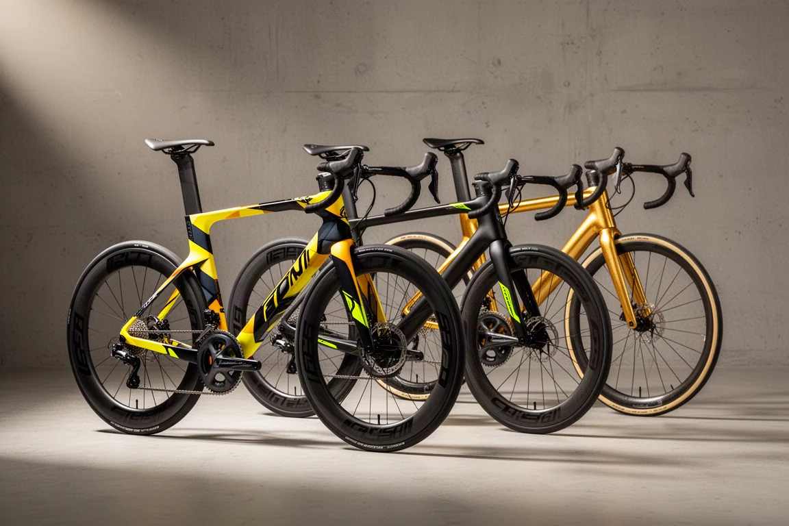 Drie limited edition-racefietsen op een betonnen studiovloer