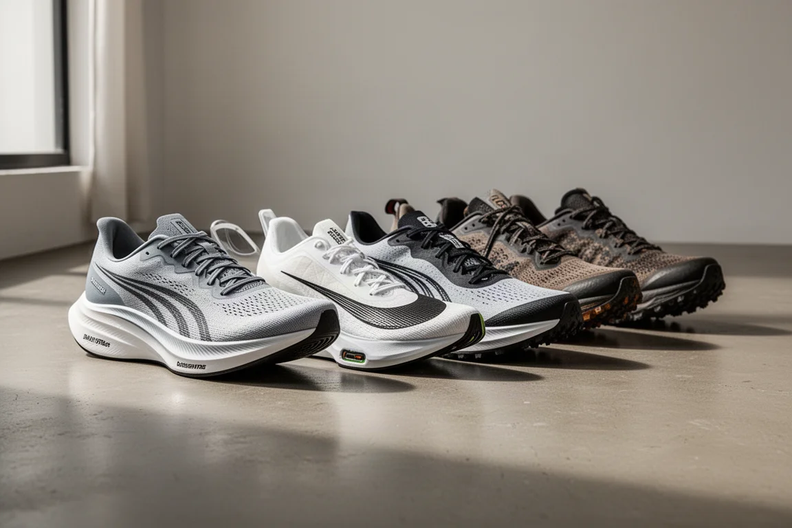 Lineup of premium running shoes on a concrete studio floor