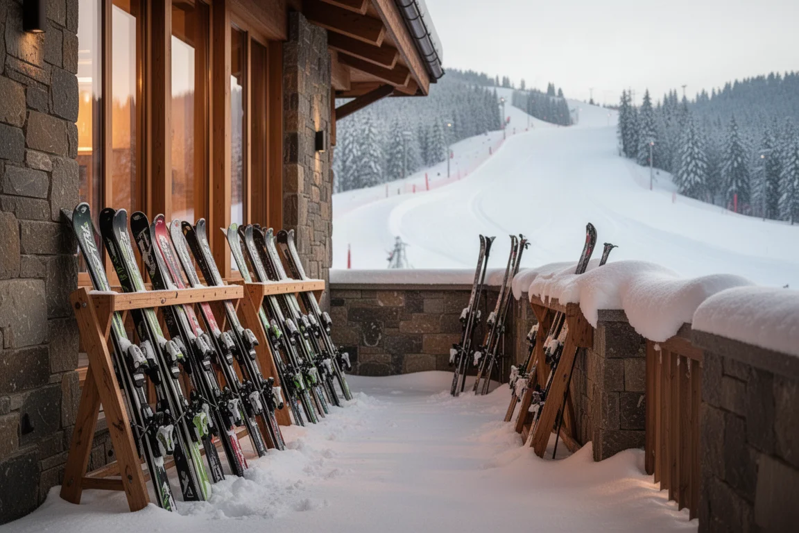 冬季時,滑雪板放置於高級石砌滑雪小屋外的木製儲物架上