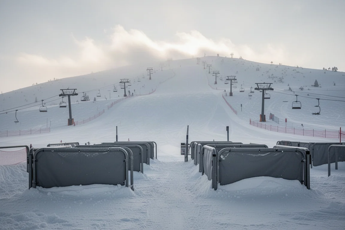 清晨光線下滑雪場山腳空無一人的纜車排隊欄杆,地面有新雪