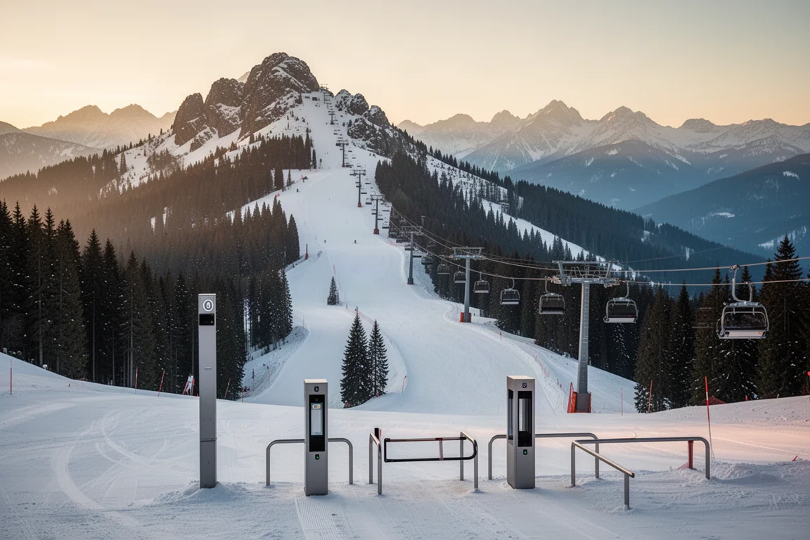 Snow-covered alpine ski resort at golden hour with groomed pistes and distant peaks