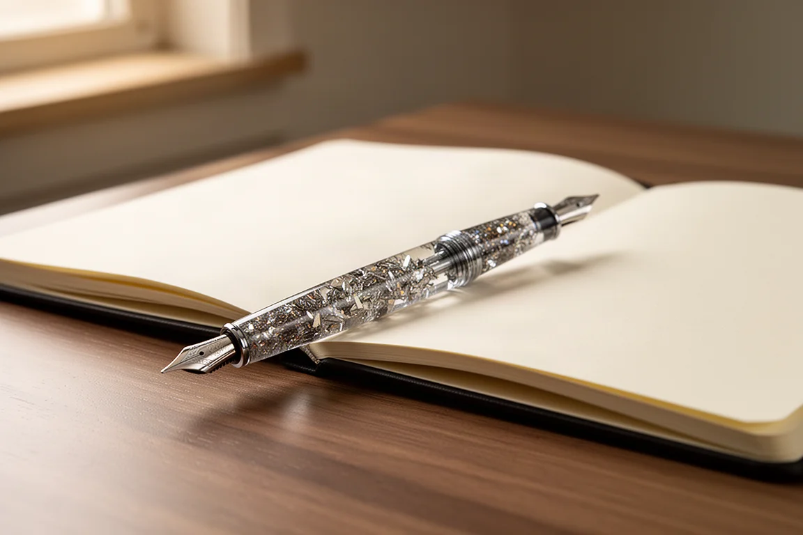 Ein Füllfederhalter aus Harz mit Glitzerpartikeln liegt auf einem Holzschreibtisch neben einem geöffneten Notizbuch