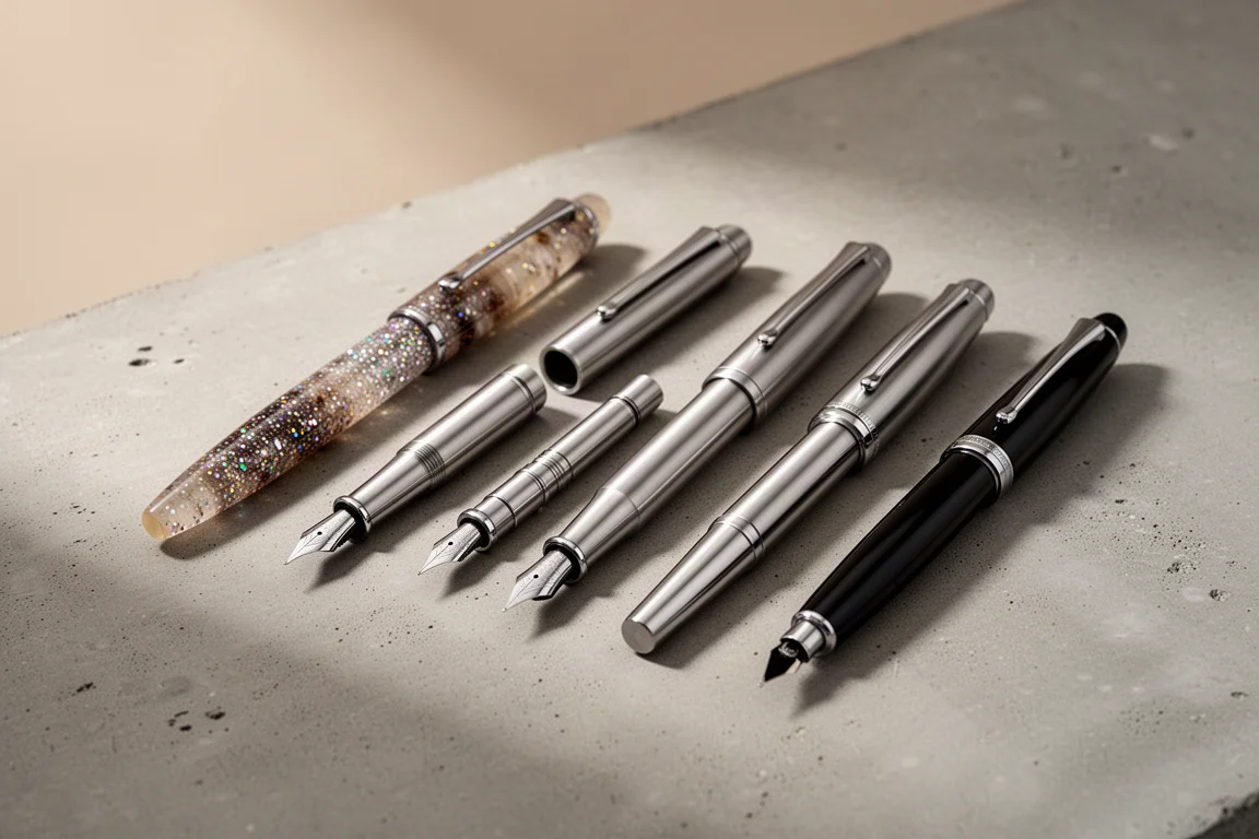 A lineup of eight premium and unusual pens arranged on a matte concrete surface
