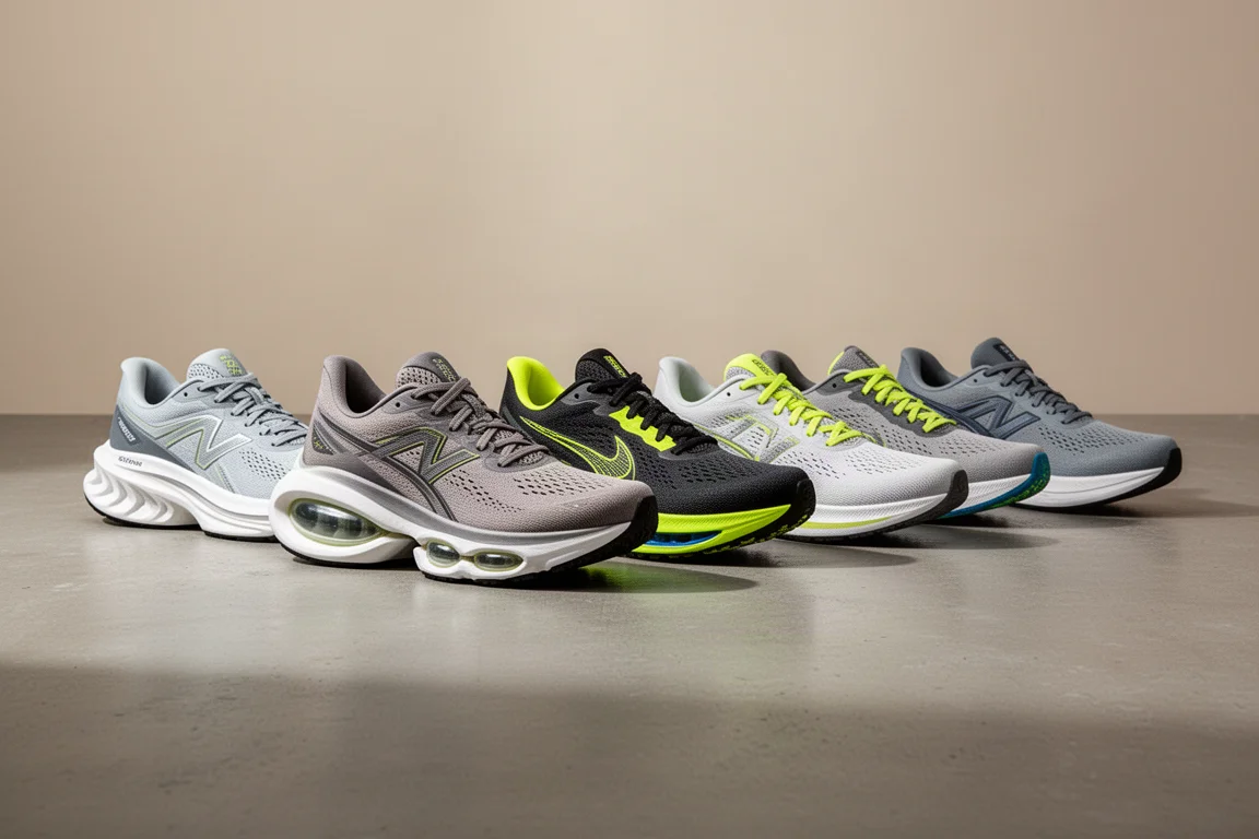 Seven running shoes with varied midsole designs lined up on concrete