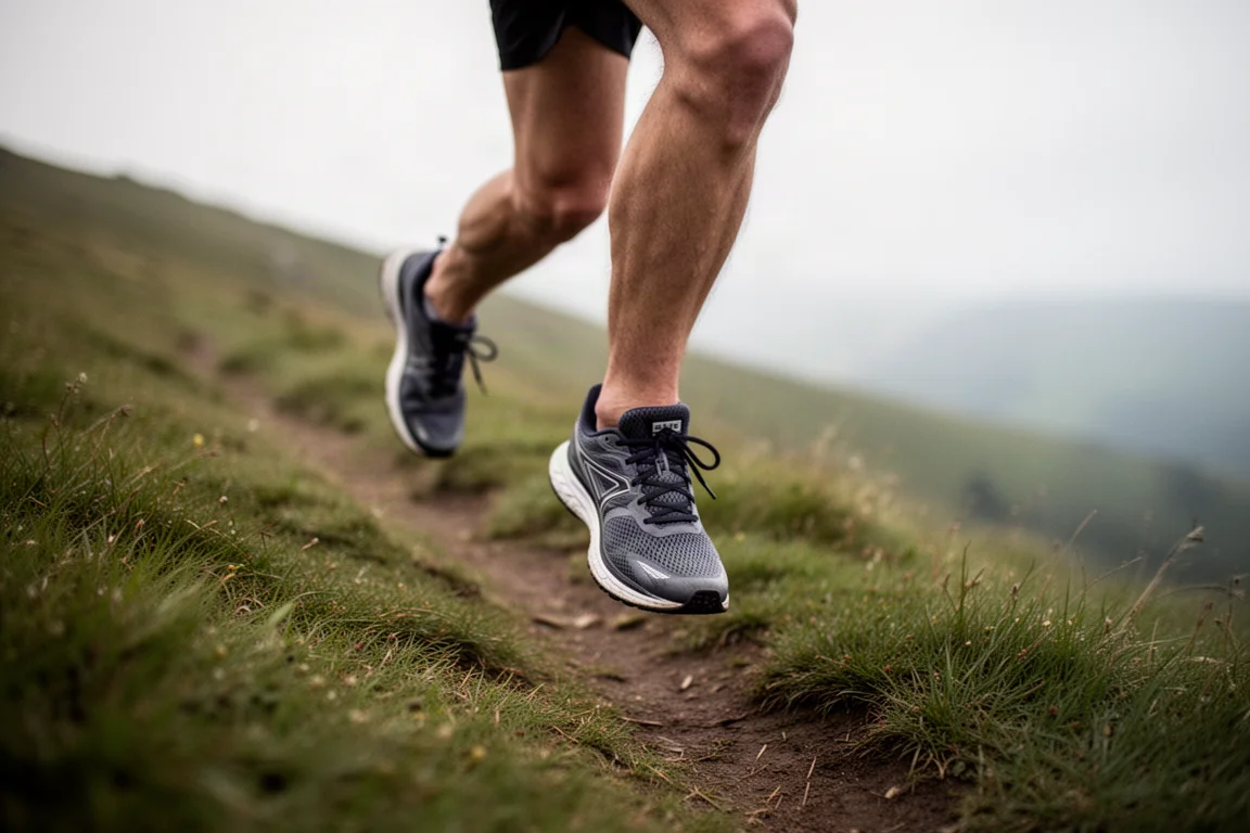 Primer plano de los pies de un corredor subiendo un sendero cubierto de hierba