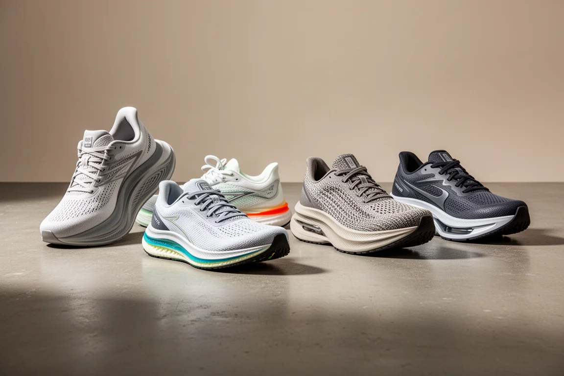 Fünf verschiedene Laufschuhe in einer Reihe auf einem Betonstudiofußboden angeordnet