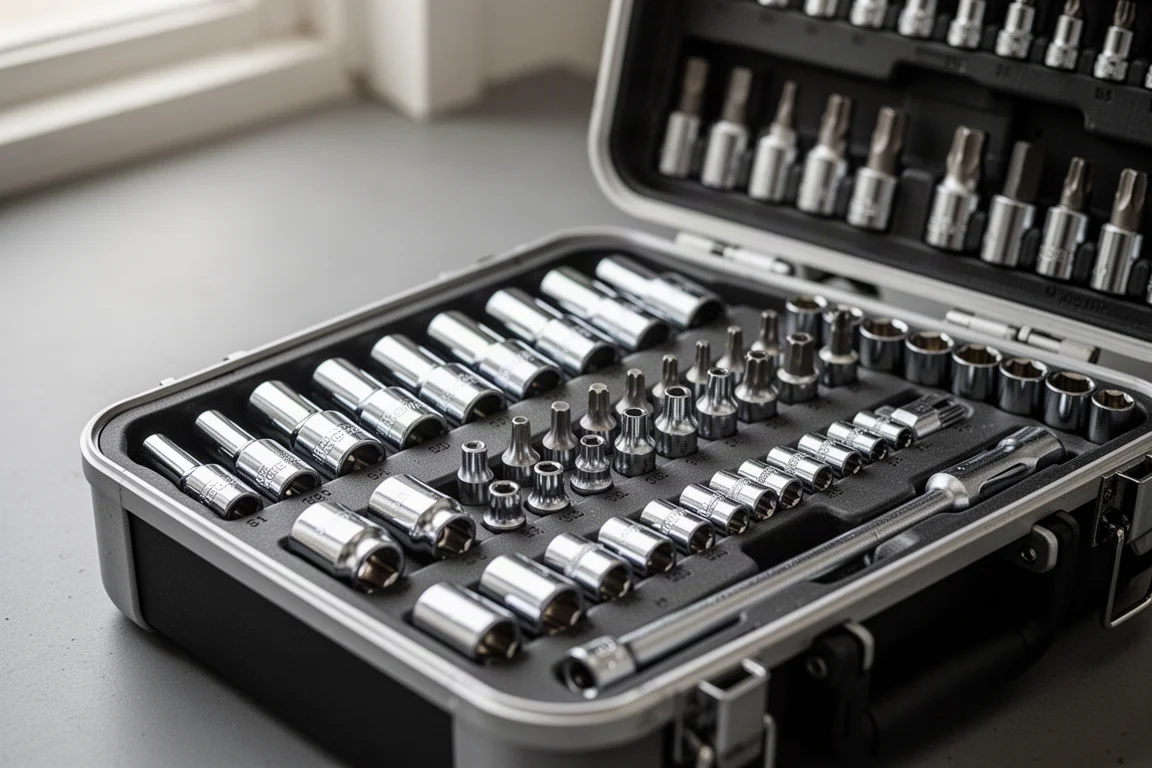 Geöffneter Kunststoffkoffer mit Reihen von Chrom-Sechskant- und Torx-Stecknüssen