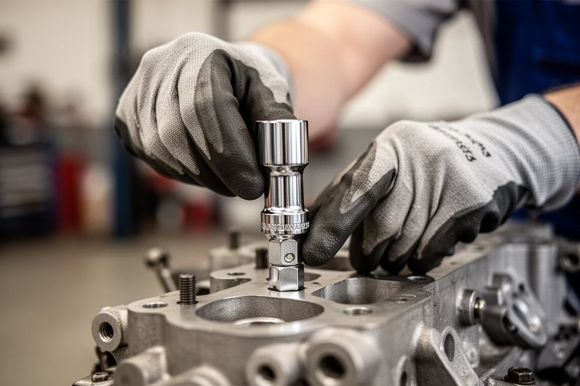 Hände eines Mechanikers, die eine Stecknuss auf eine Sechskantverschraubung an einem Motor setzen