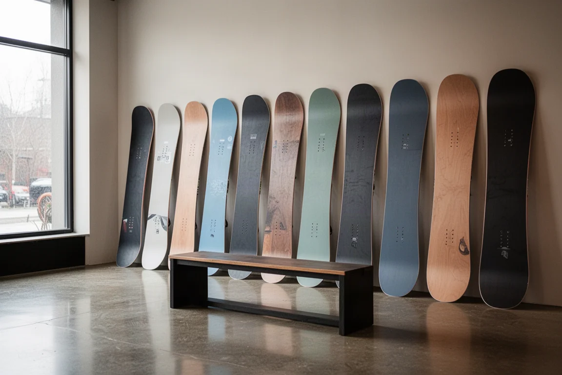Unbranded snowboards standing in a row against a shop wall in soft daylight