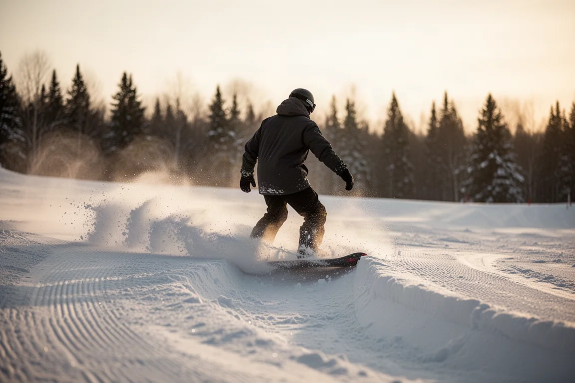 Snowboarder laying a deep carve on a groomed slope at golden hour