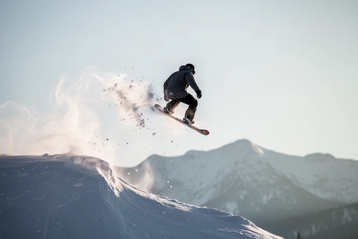 Snowboarder airborne off a wind lip with snow spray against a pale sky
