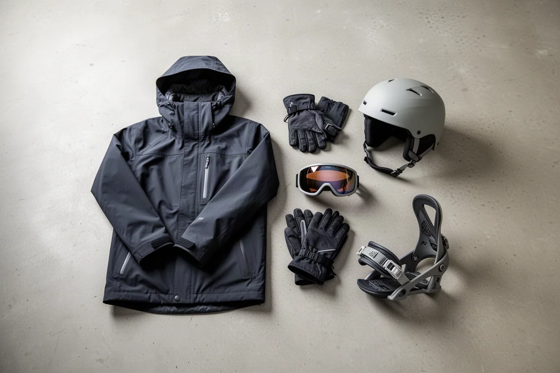 Overhead flat-lay of snowboard gear arranged on a concrete floor