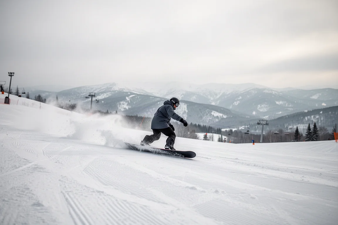 Snowboarder carving a fresh line on a wide open resort slope