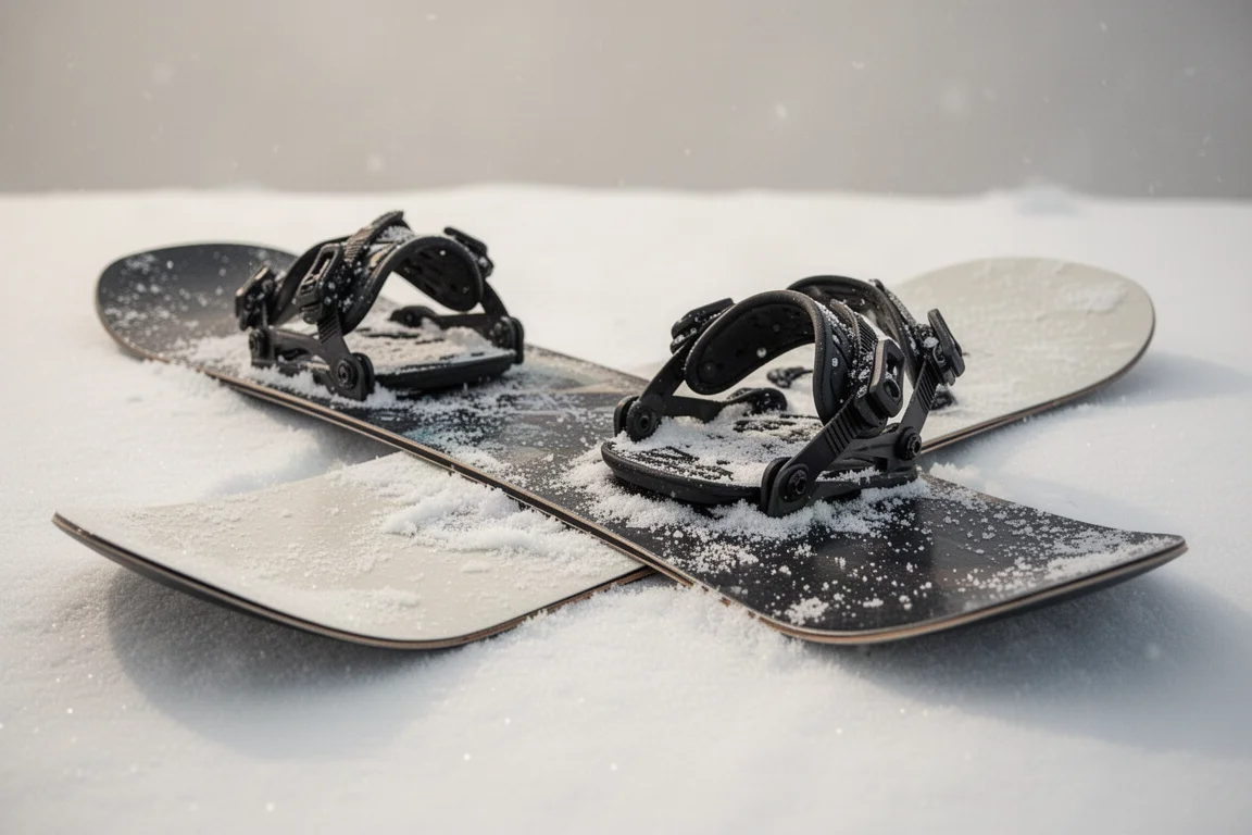 Snowboard deck detail on powdery snow with bindings attached