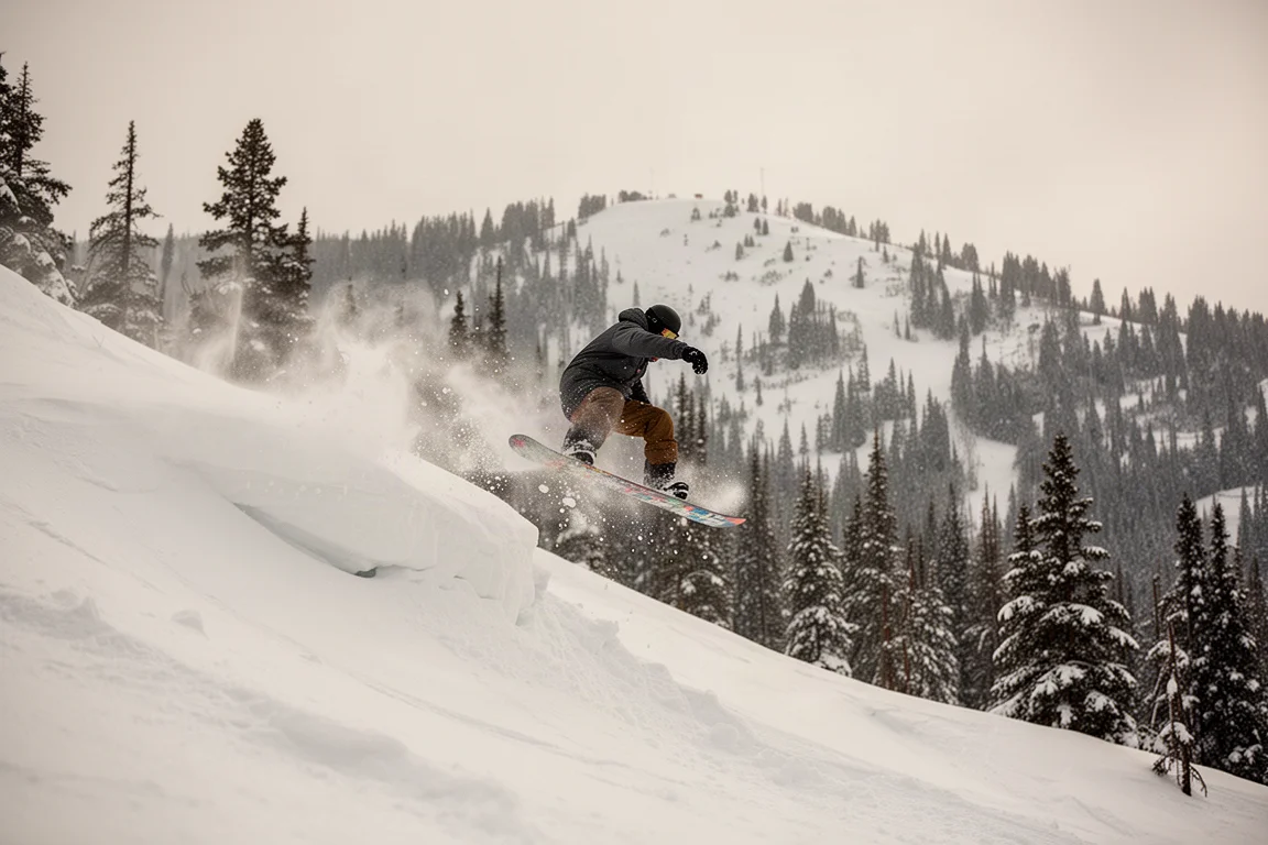 Snowboarder boosting off a side hit in the backcountry