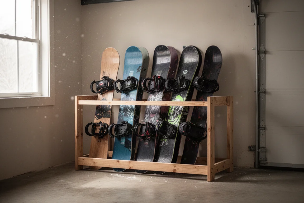 Snowboards stored upright in a garage rack