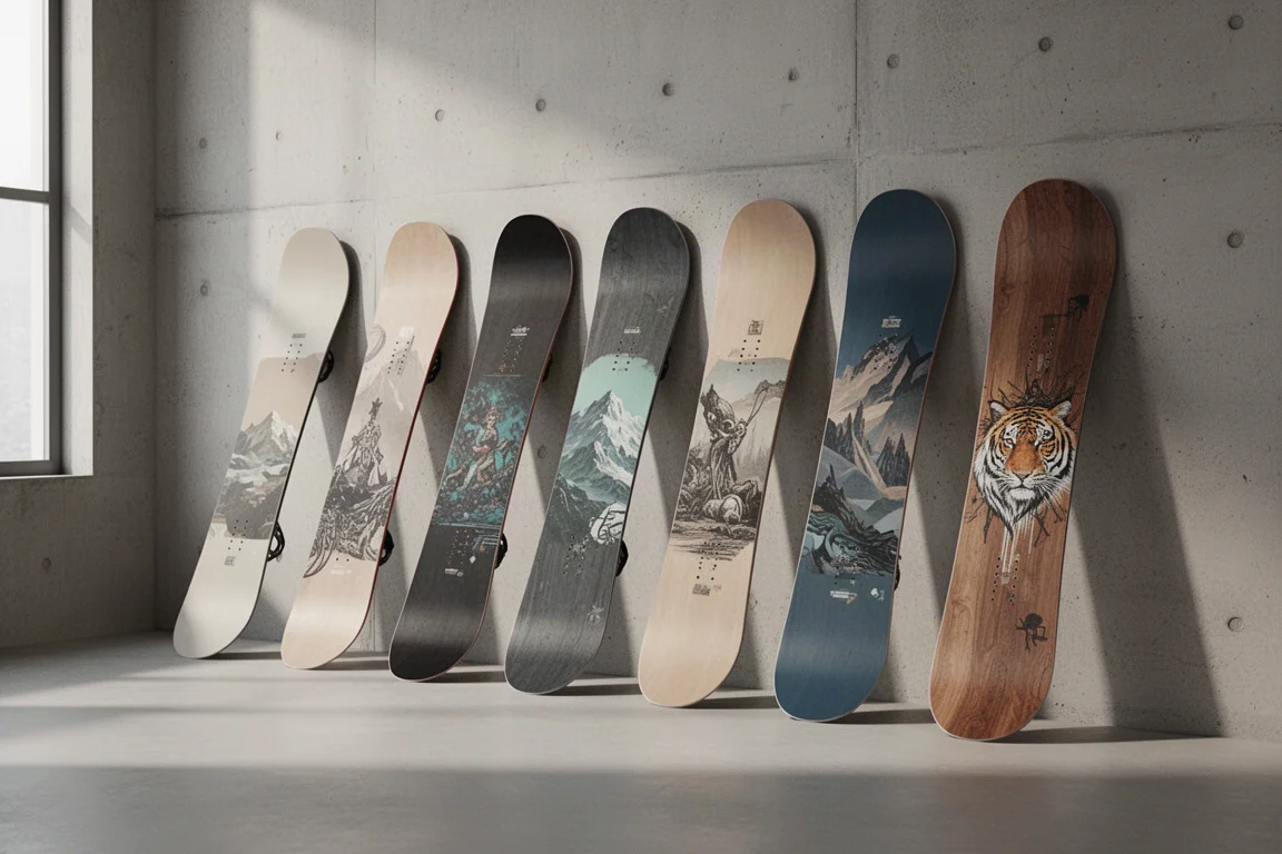 Row of snowboards leaning against a concrete wall in a bright studio