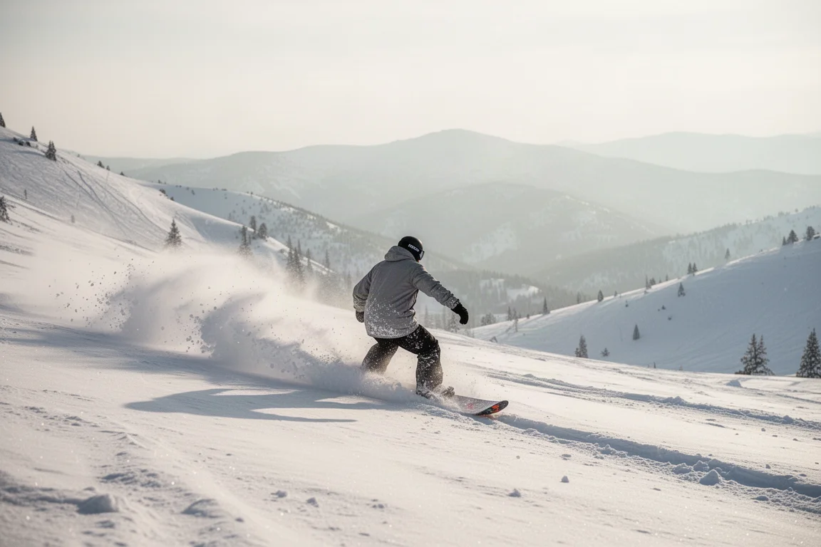 Snowboarder carving through fresh powder on a sunlit mountain slope