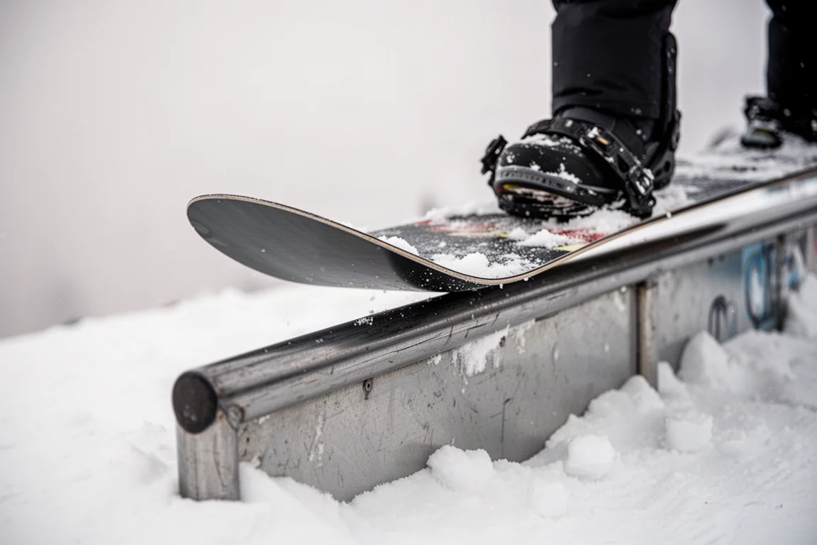 Close-up of a snowboard tip pressed against a rail at a terrain park