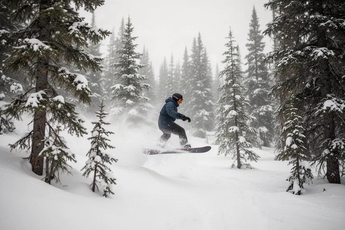 Snowboarder floating through deep powder in a gladed tree run