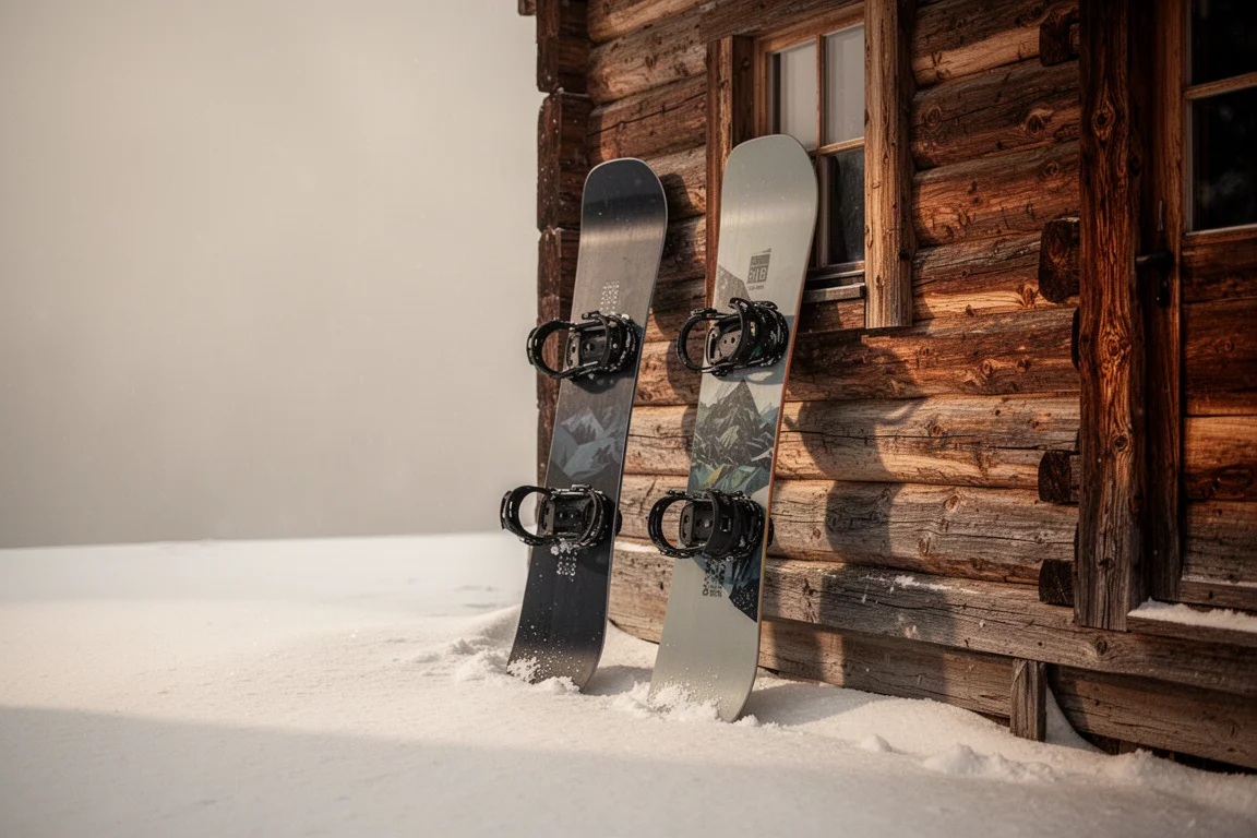 Two snowboards leaning side by side outside a mountain lodge