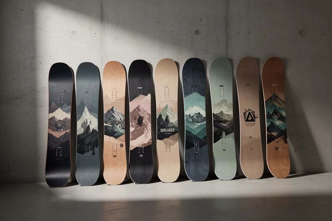 Lineup of nine snowboards standing against a concrete wall