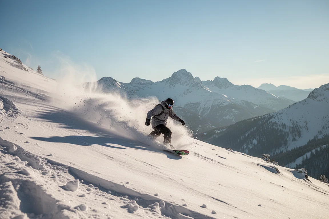 Snowboarder cortando polvo a pie de una cresta en una mañana clara de invierno