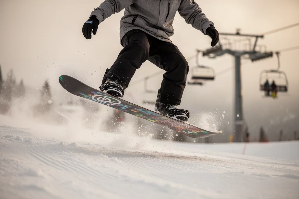 Snowboarder haciendo butter con la nariz de la tabla en una pista pisada de la estación