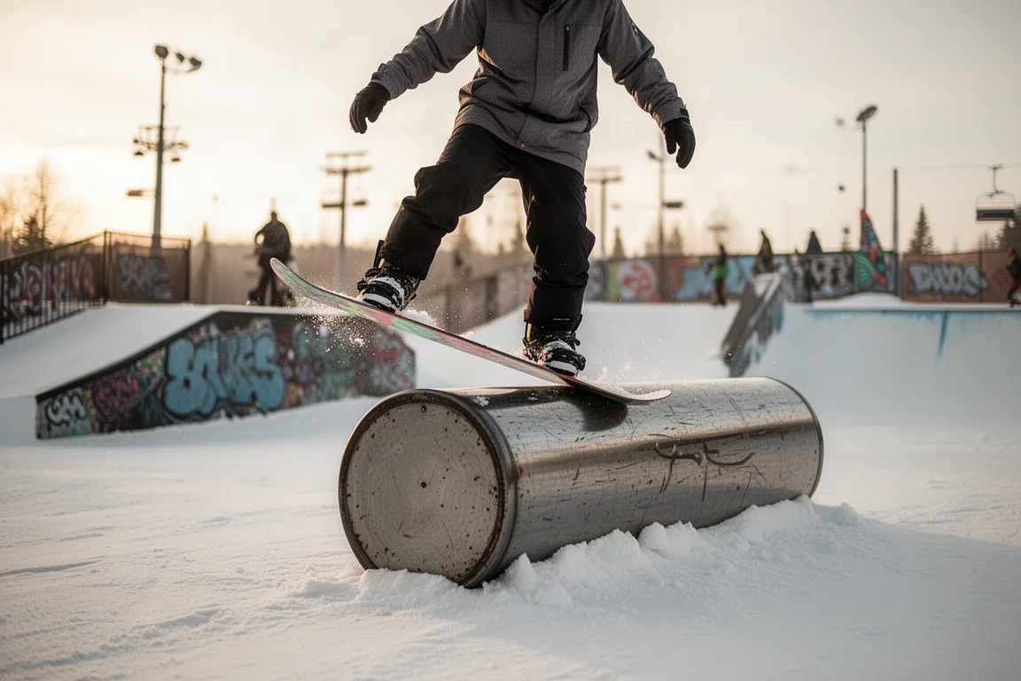Rider atacando un módulo de jib en el terrain park de una estación con luz de media tarde