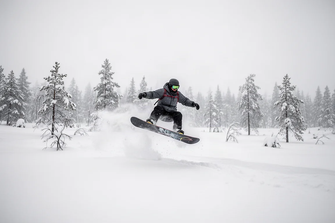 Snowboarder flotando por un campo de polvo suave entre árboles