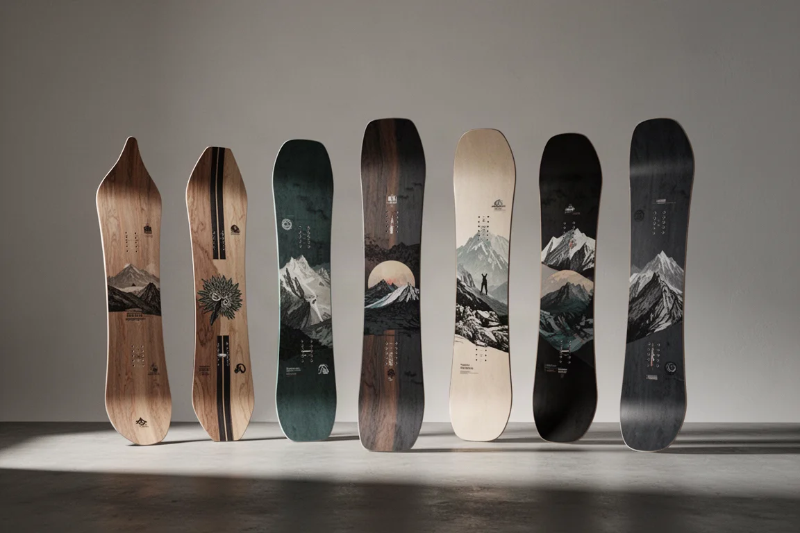 Alineación de ocho tablas de snowboard 2026 sobre el suelo de un estudio