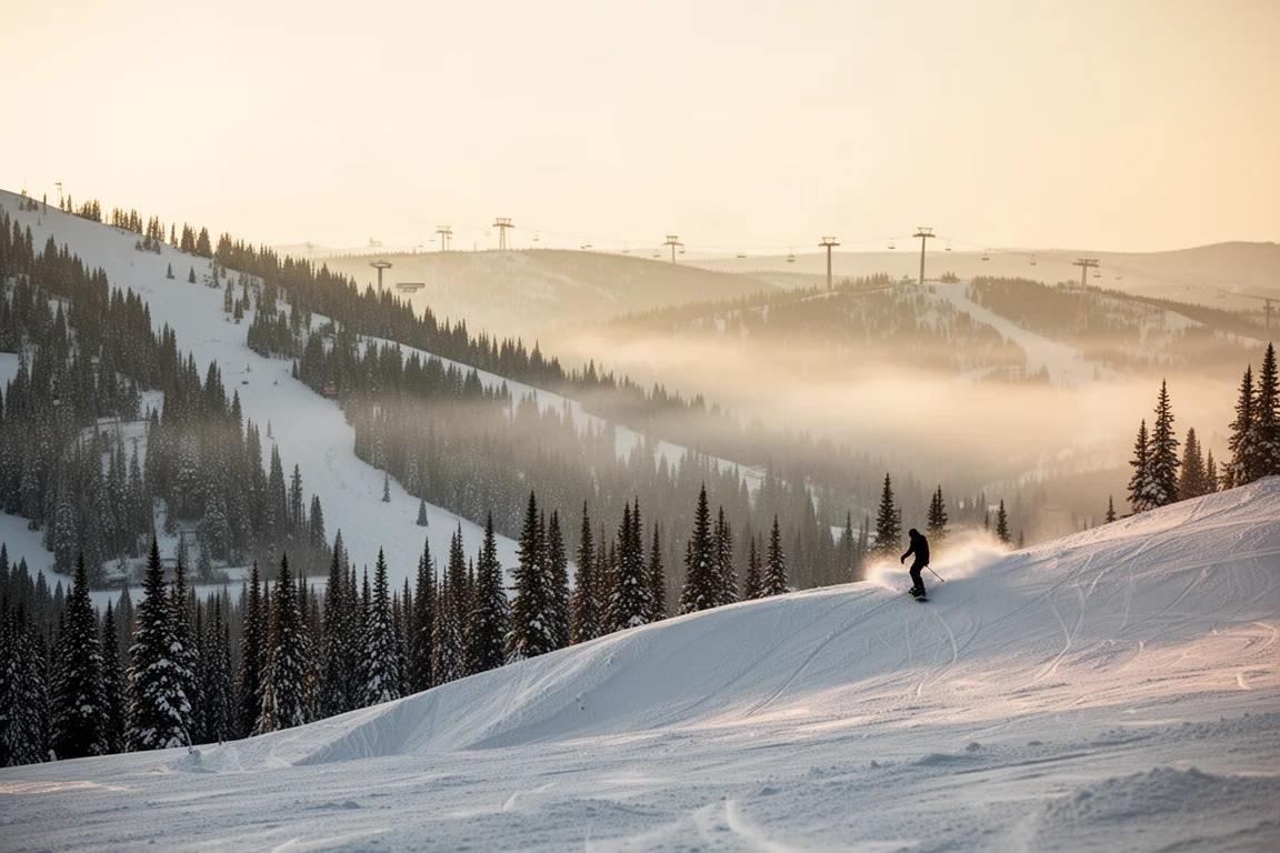 Świeże puchowe pola i grzbiety o wschodzie słońca, w oddali snowboardzista na grzbiecie