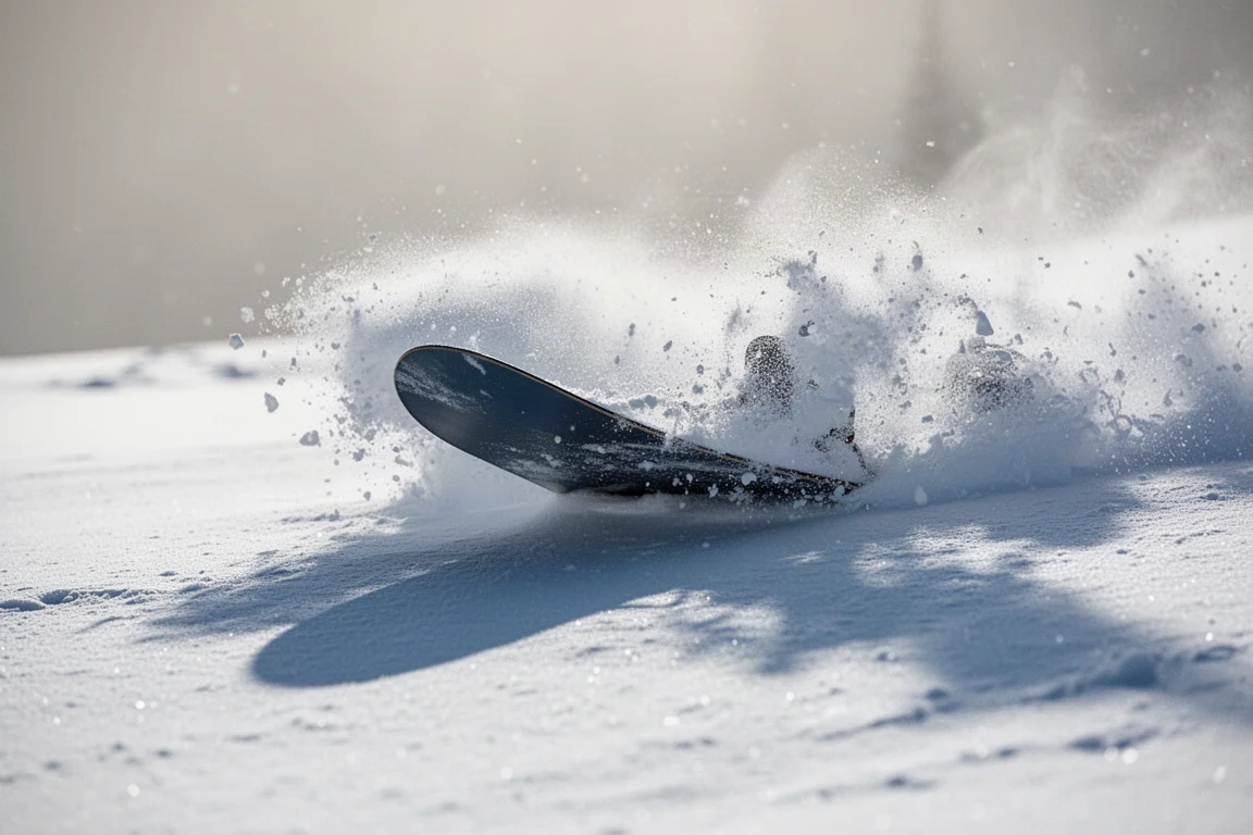 Nos snowboardu tnący głęboki puch ze śniegiem pryskającym ponad dziobem