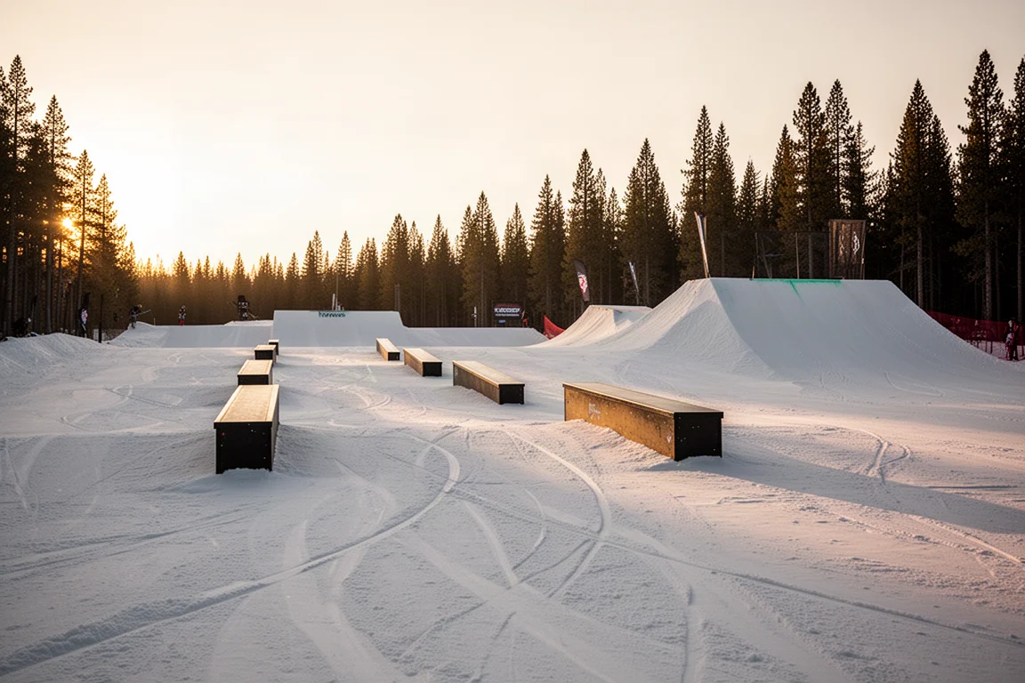 Pusty snowpark w złotej godzinie z rurami, boxami i kickerem