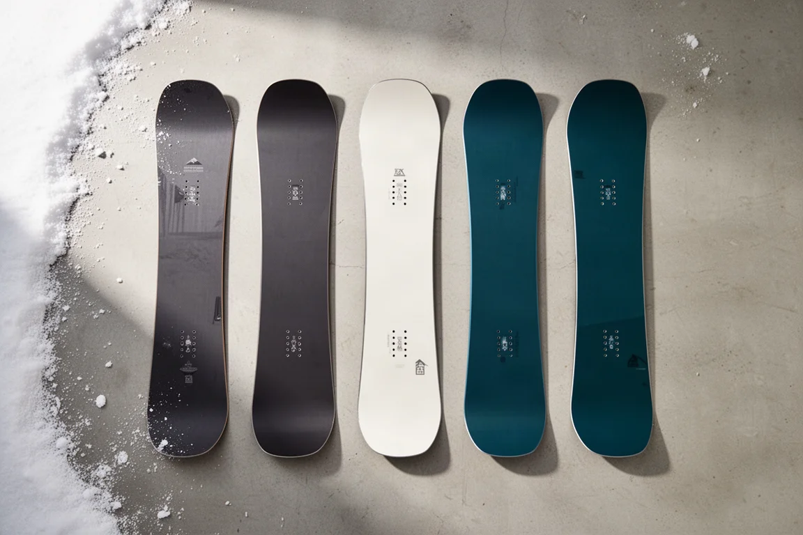 Five snowboards arranged on a pale concrete floor in an overhead editorial shot