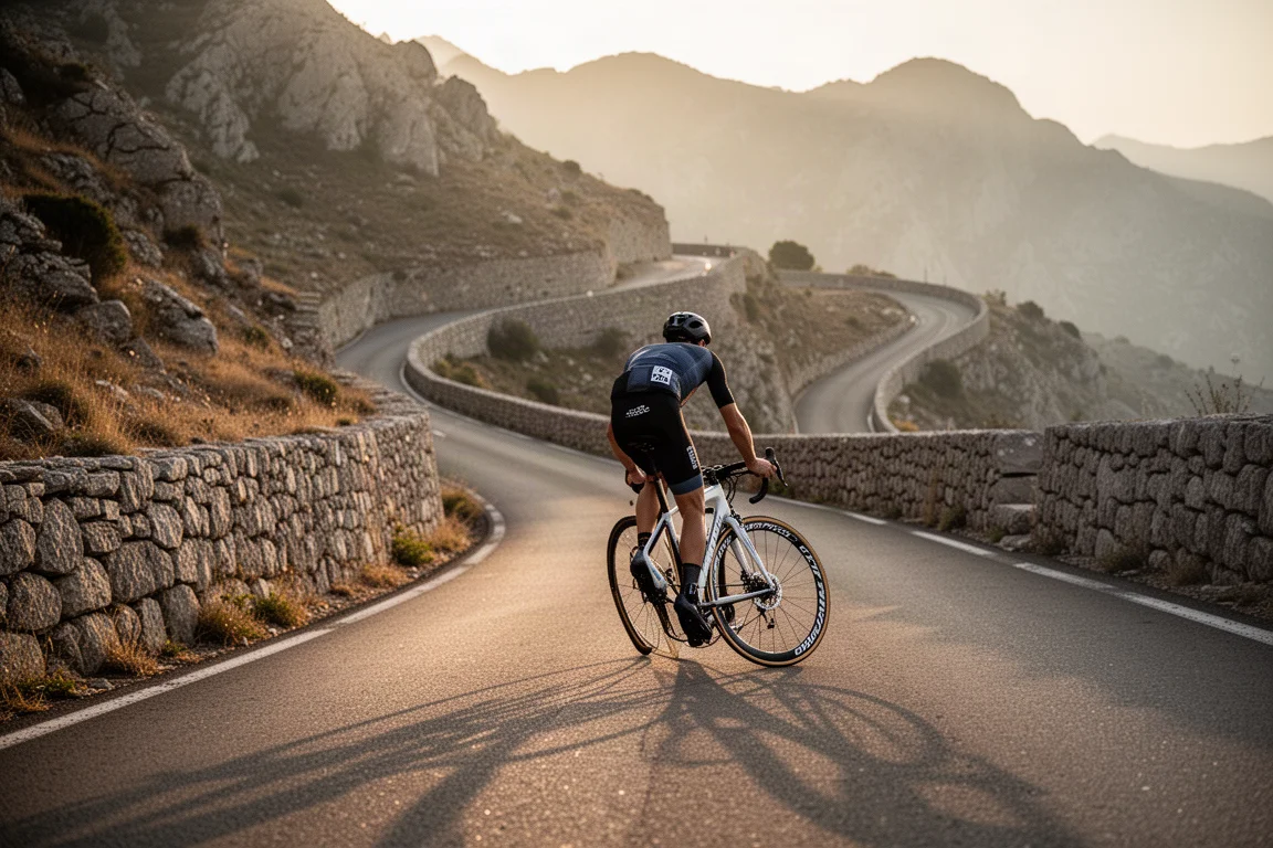 Ciclista subindo uma estrada de montanha íngreme em uma bike de corrida leve com freios de aro