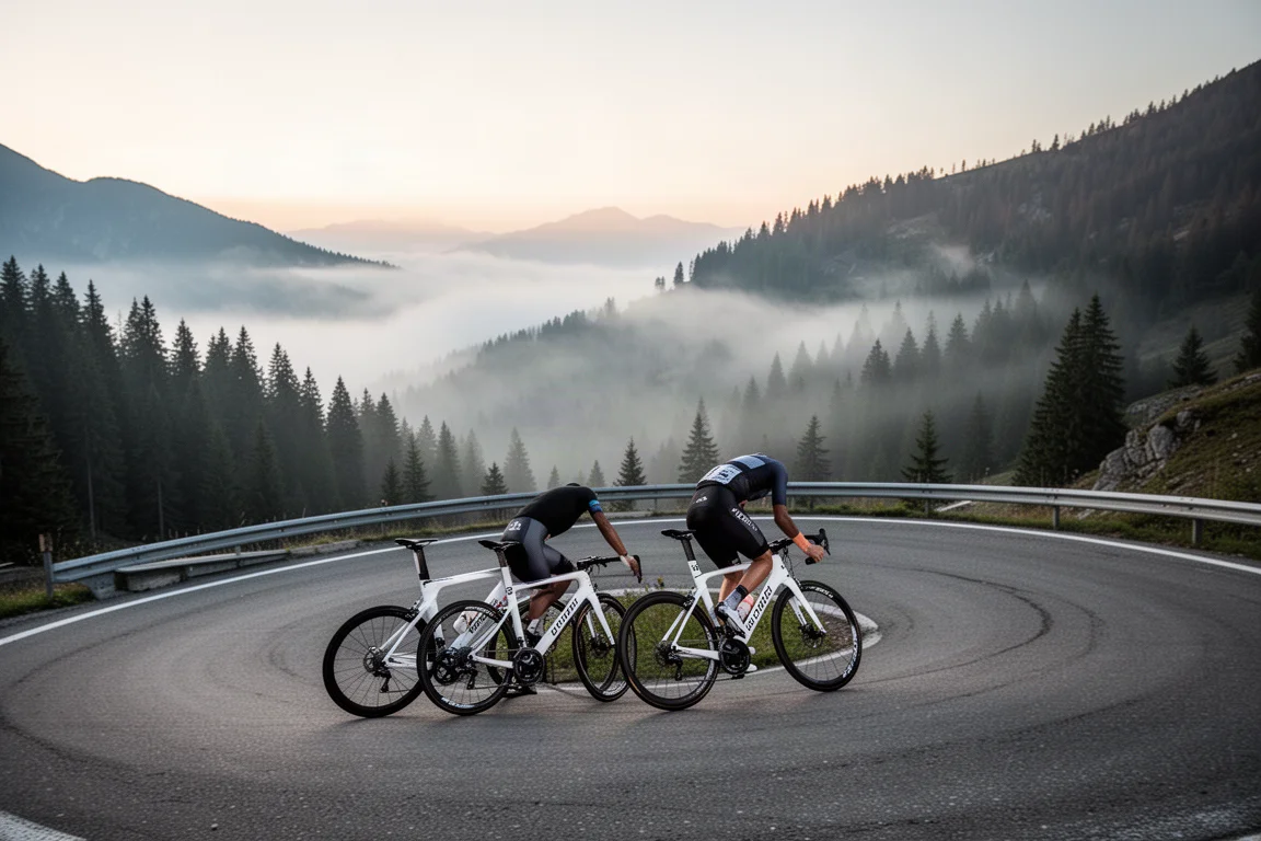 Ciclista inclinado em uma curva fechada de montanha ao amanhecer, com névoa no vale