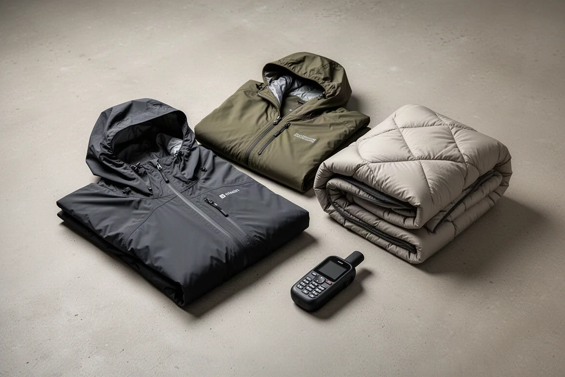 Flat lay of backpacking sleep system, rain shell, communicator, mid layer, and map on concrete