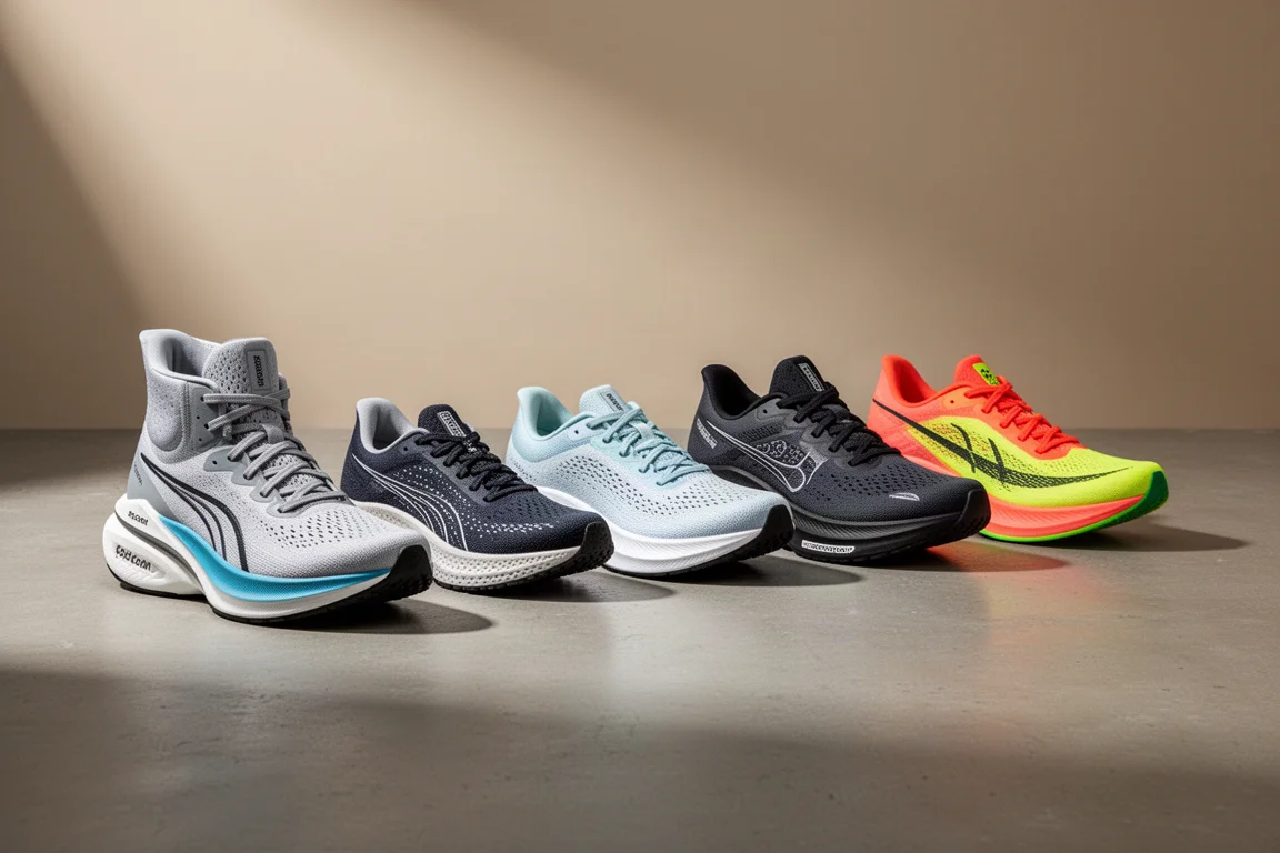 Six running shoes of varied silhouettes arranged in a row on a concrete surface