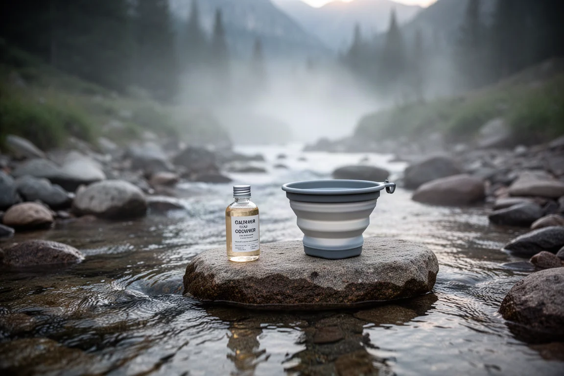 Kleine Pulverseifendose und faltbarer Wasserbehälter auf einem Felsen an einem Gebirgsbach im Morgengrauen