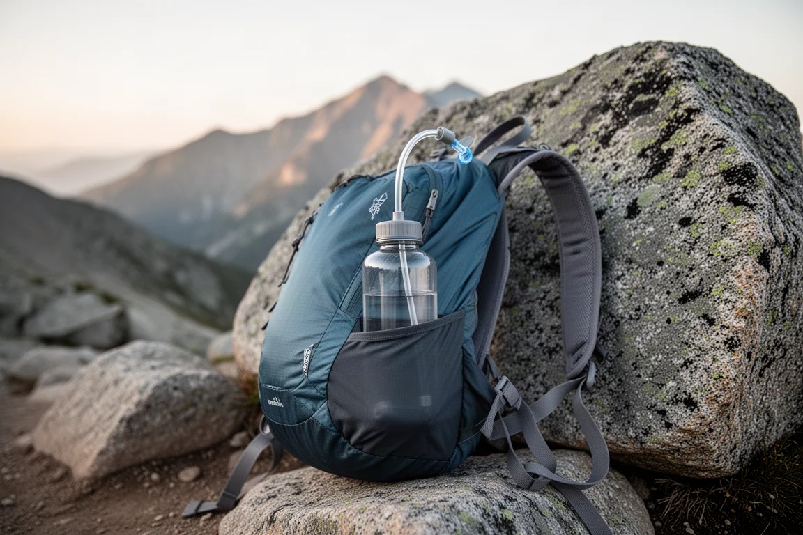 Wasserflasche mit Trinkschlauch in einer Seitenfach des Rucksacks auf einem Alpenpfad
