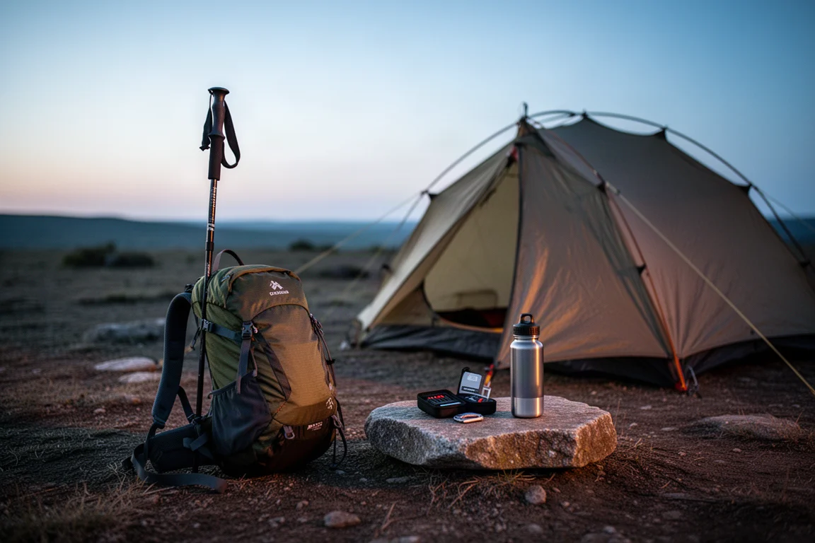 Ultraleichter Campingplatz in der Dämmerung mit Rucksack, Reparaturkit, Wasserflasche und aufgebautem Zelt