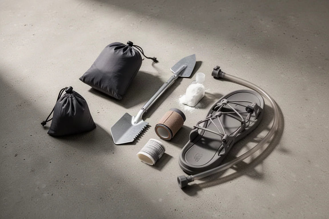 Ultralight backpacking accessories arranged on a matte concrete surface