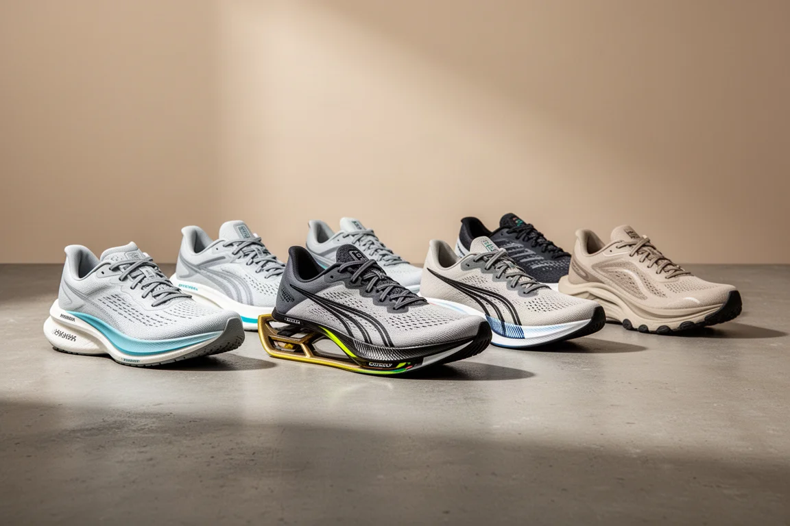 Eight modern running shoes of varied silhouettes arranged on a concrete surface